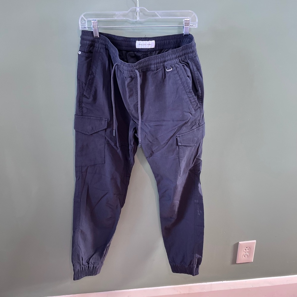 PROJEK RAW Mens Cargo Jogger Pants Dark Gray Classic Fit‎ Drawstring Waist